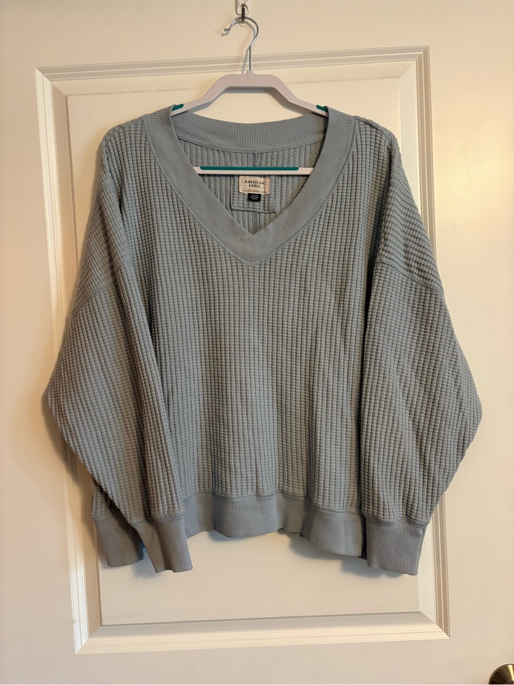 American Eagle Outfitters Light Blue Waffle Knit V-Neck Pullover